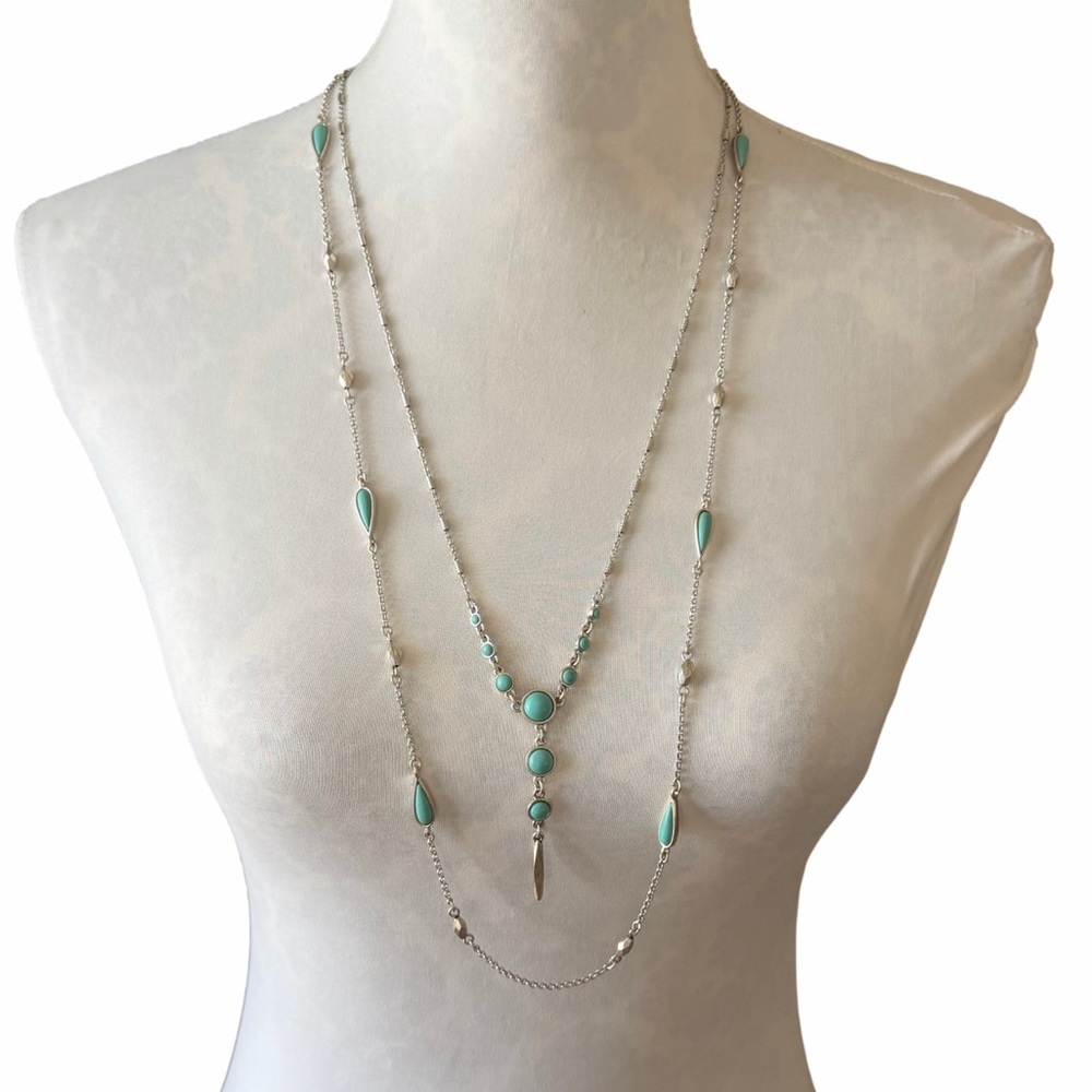 Lucky Brand 3-in-1 Turquoise Layered Necklace | Convertible Boho Silver Tone - Picture 2 of 6